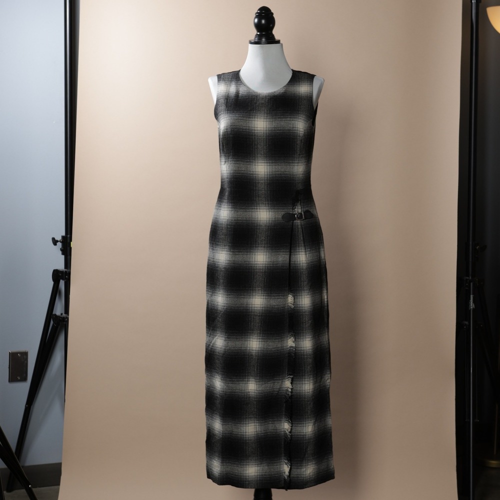 Eddie Bauer Petite Plaid Sleeveless Maxi Dress Buckle Frayed Hem Boho Size 2